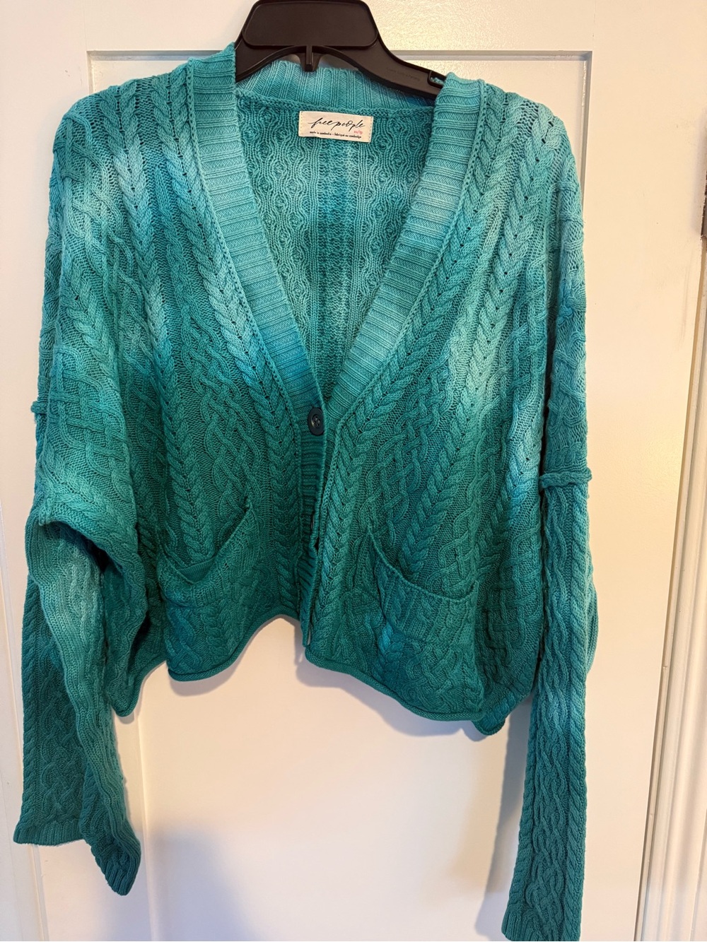 Free People Teal Cable Knit V-Neck Cardigan
